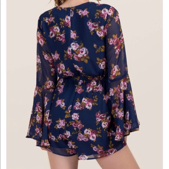 Francesca's Miami Floral Ruffle Romper in Navy - Picture 2 of 6